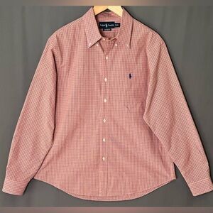 Ralph Lauren Men's XL Custom Fit Orange Blue Plaid Dress Shirt Blue Pony